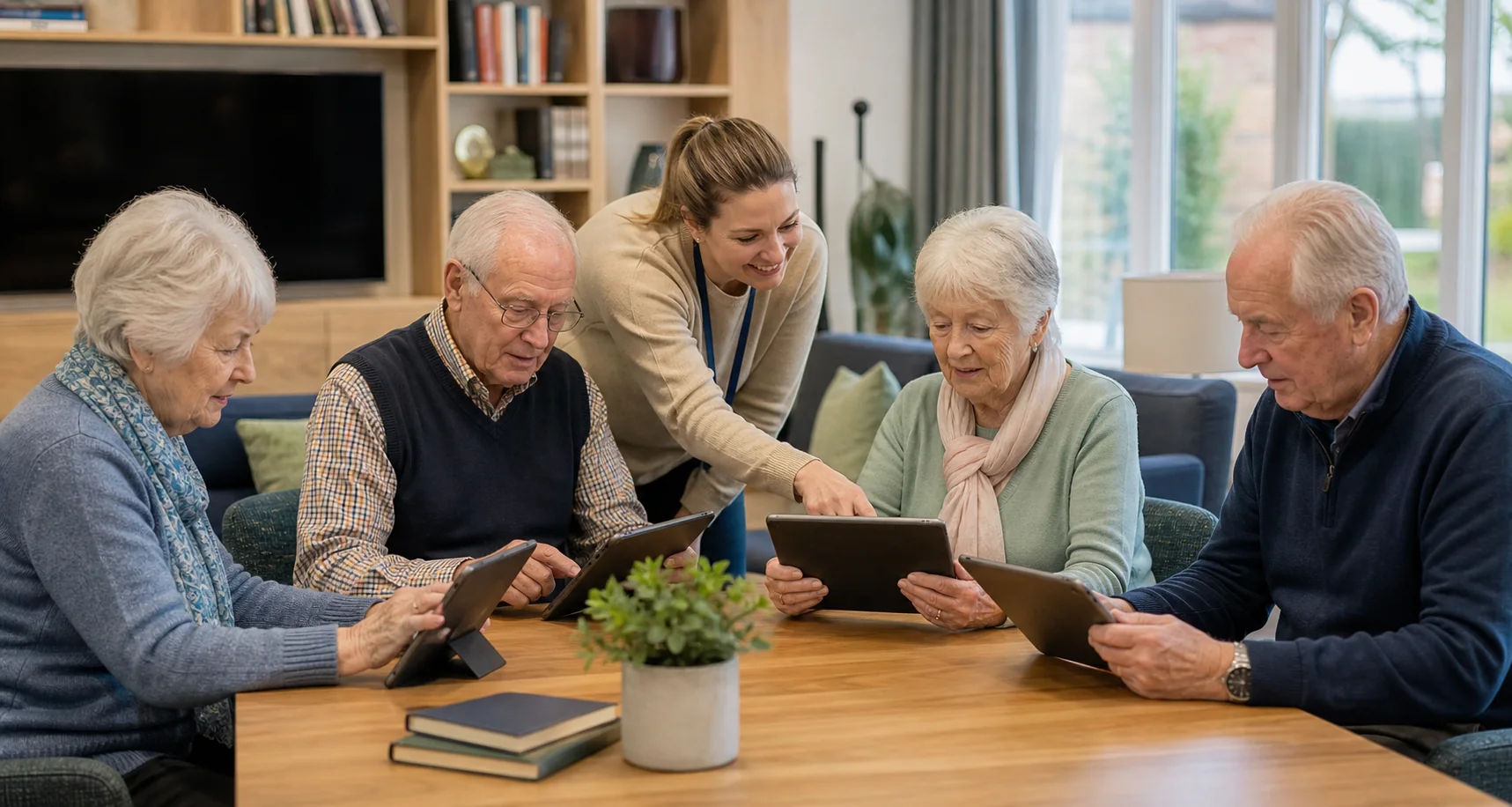 Four older residents taking part in a supported tablet introduction session with a community team member