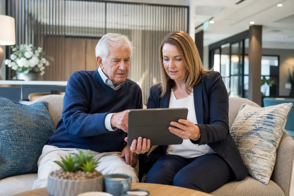 Older resident and community team member reviewing information on a tablet