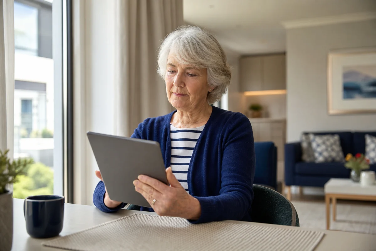 Older resident using a tablet in a contemporary retirement apartment