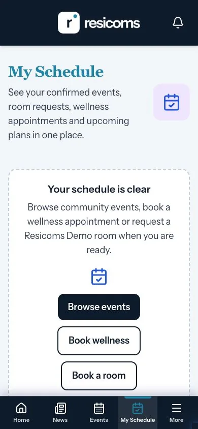 My Schedule in the Resicoms Demo app for residents and homeowners