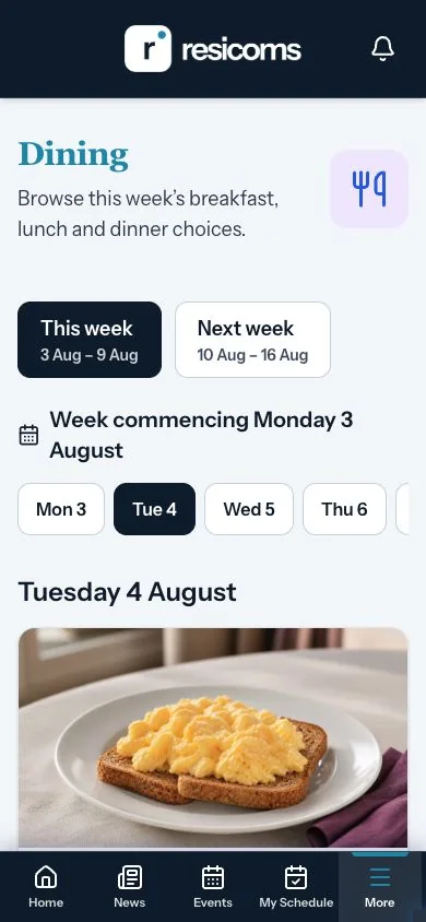 Weekly dining menu in the Resicoms Demo resident app