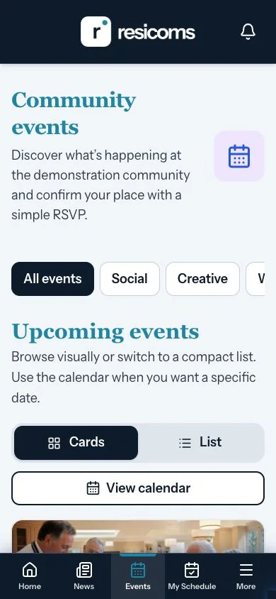 Community events in the Resicoms Demo resident app