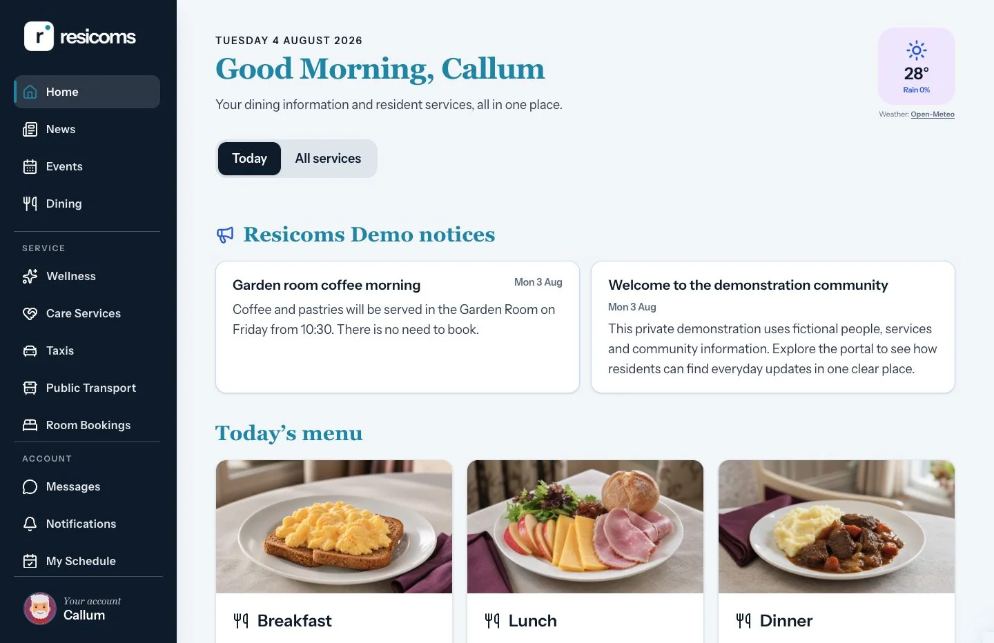 Resicoms Demo resident dashboard showing community notices and today’s dining menu