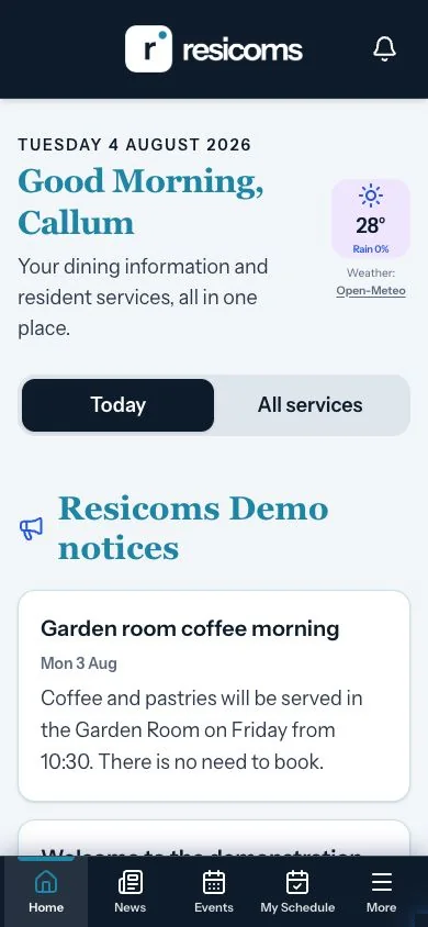 Resicoms Demo resident dashboard on a mobile phone