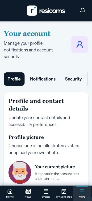 Account and accessibility preferences in the Resicoms Demo app for residents and homeowners