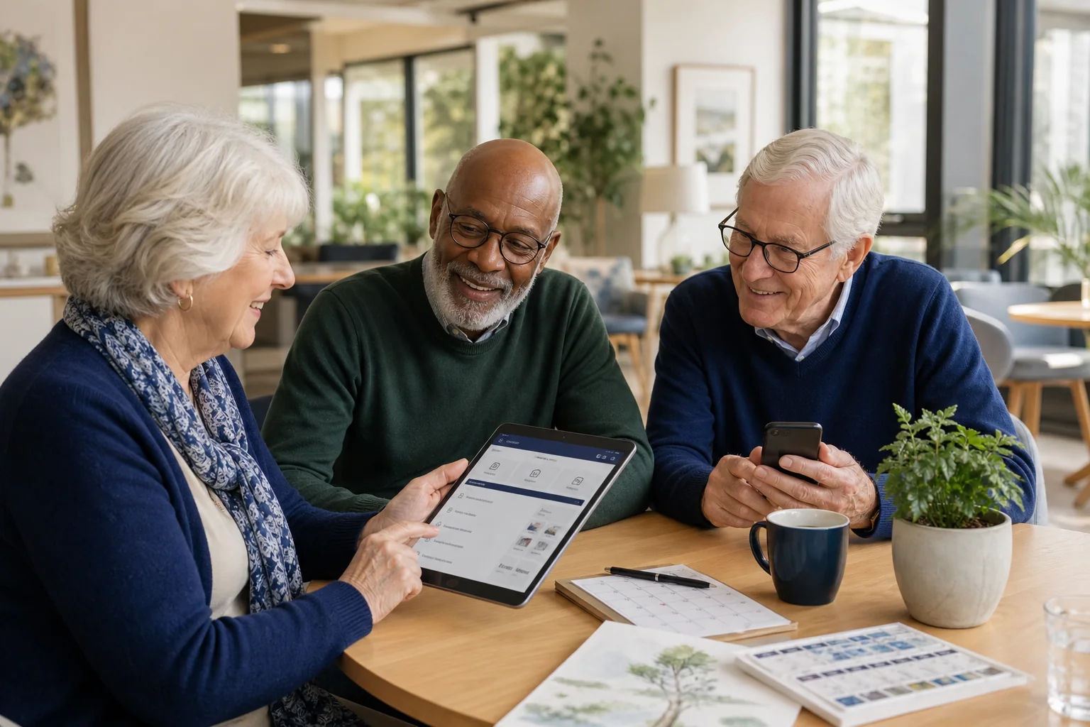 Three retirement community residents using the app together on a tablet and phone