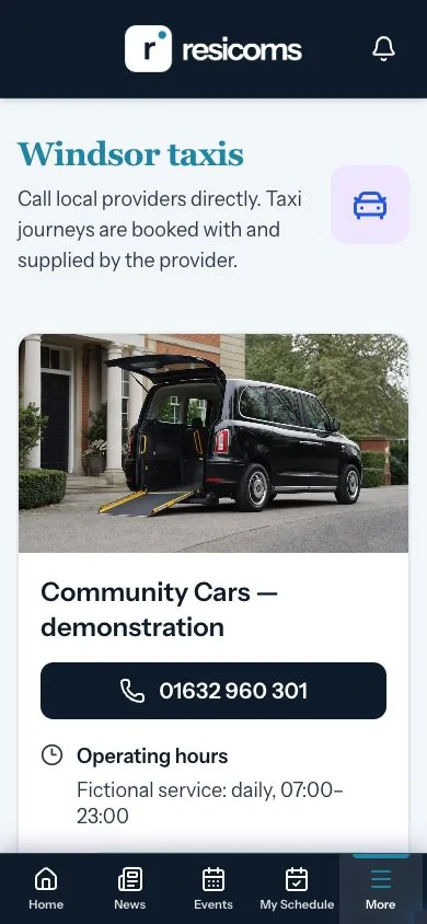 Local taxi information in the Resicoms Demo app for residents and homeowners