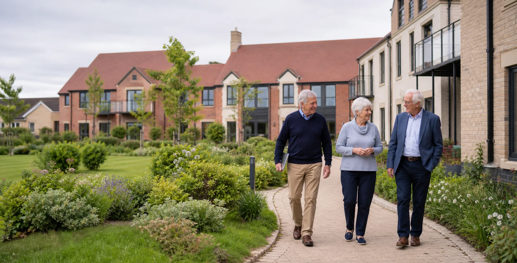 Fictional Willowmere residents walking through a landscaped retirement community